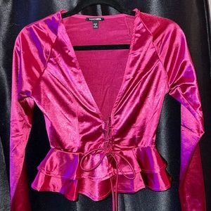 Fashion Nova Shiny Fuchsia Deep V Top Size Medium